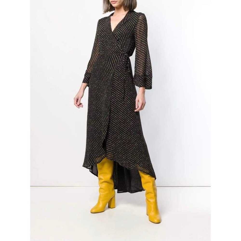 Ganni Mullin Wrap Dress Asymmetric Printed Georgette Black Maxi Midi Small NWT